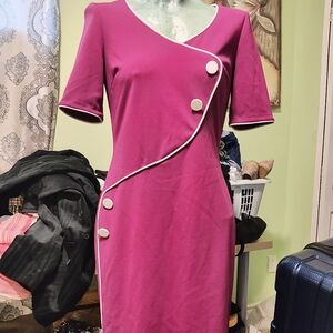 Pink and White Asymmetrical Sheath Dress with Bell Sleeves
